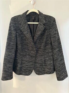 Ann Taylor Tweed Blazer Jacket Black White Size 12 Single Button